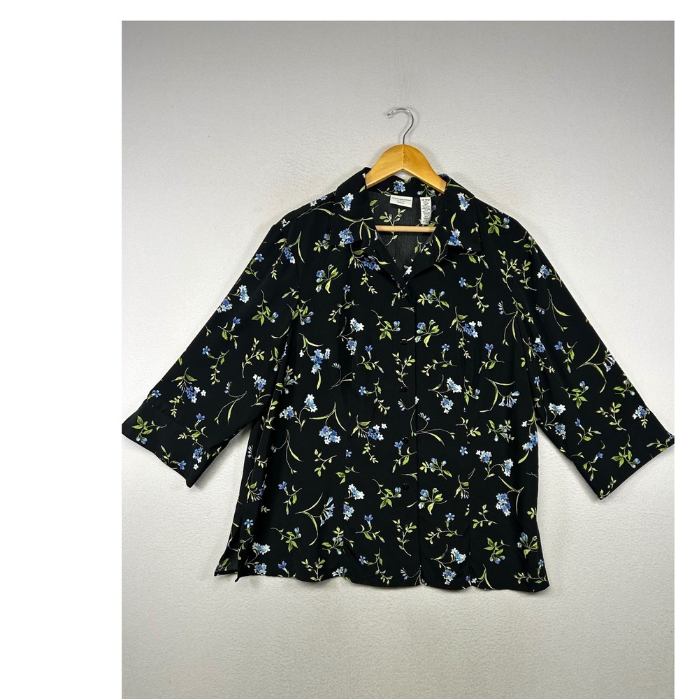 Cottagecore Covington Women 16-18W Black Floral 3/4 Sleeve Button Front Blouse‎